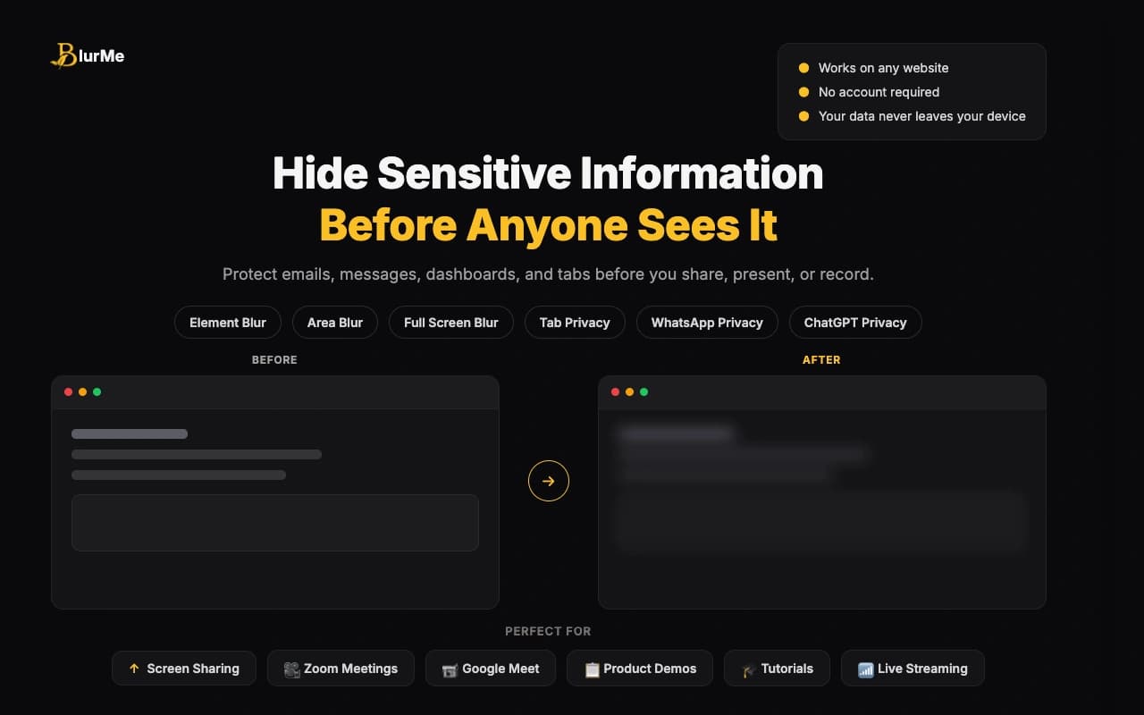 BlurMe before and after screenshot showing sensitive emails, dashboards, tabs, and messages blurred before sharing