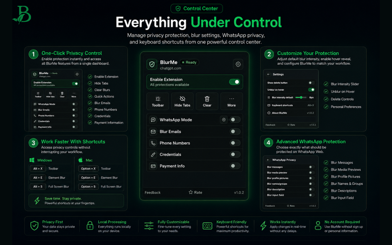 BlurMe control center screenshot showing toggles for emails, phone numbers, credentials, payment info, and privacy settings