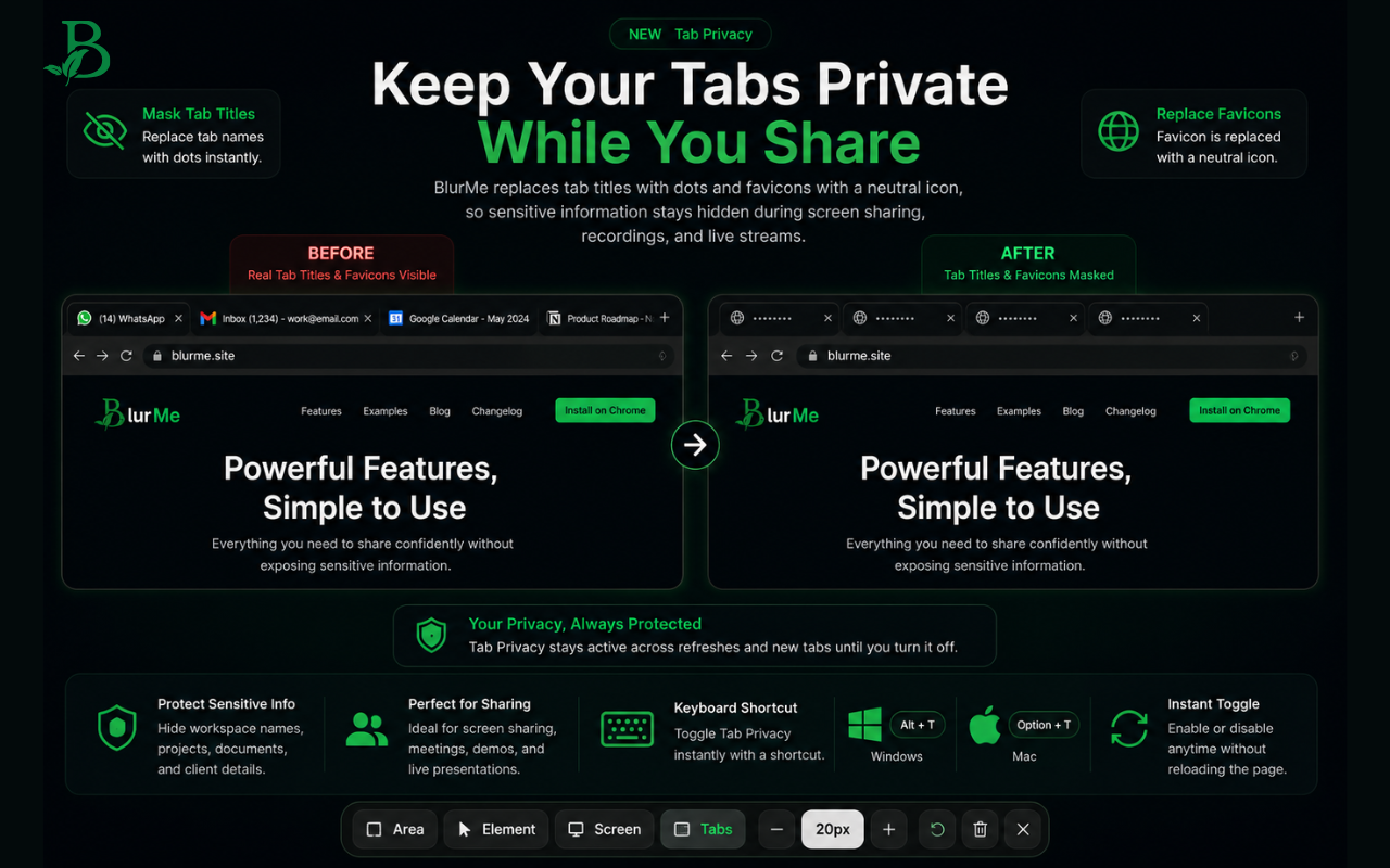 BlurMe Tab Privacy screenshot showing real tab names replaced with private masked tab labels and neutral favicons